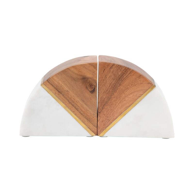 Decorative Wood and Marble Bookends - 5", White & Brown - 4.5"