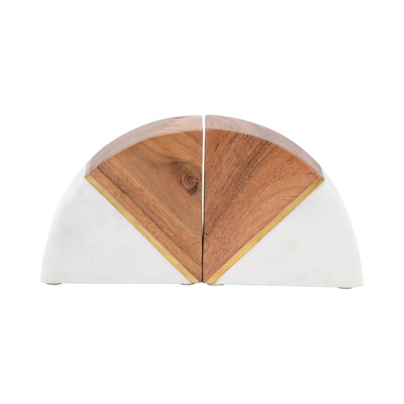 Sagebrook Home Set of 2 5" Marble Wood And Brass Detail Bookends - 5" x 2" x 5"