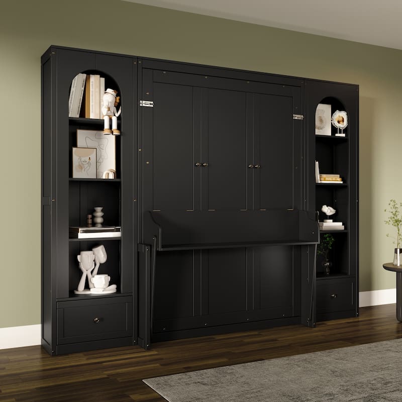 Murphy Bed Queen Size Bookcase Bed Platform Bed with Side Cabinets and 2 Drawers, Elegant French Folding Bed LED Wall Bed