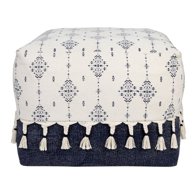 18" Navy and White Ornamental Motif Handcrafted Square Pouf Ottoman
