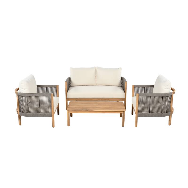 Christopher Knight Home - Amelie Outdoor 4-Piece Acacia Lounge Set - Loveseat, Club Chairs, & Coffee Table with Cushions