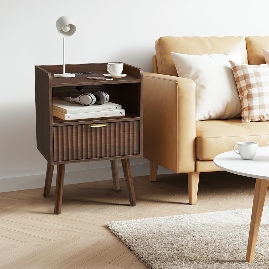 Modern Fluted Nightstand Set of 2 with USB Charging Station, Drawer and Open Storage Shelf