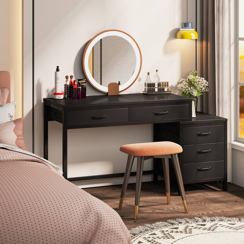 Modern Computer Desk with 5 Drawers, Home Office Desks with Reversible Drawer Cabinet Printer Stand