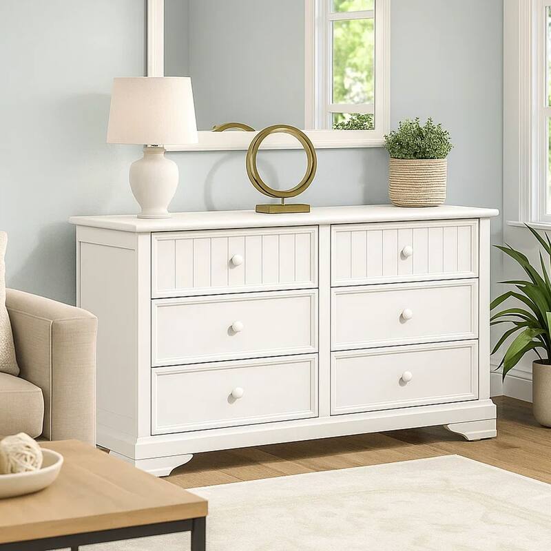 Toli Wide Dresser, 6 Drawers w Round Knobs, White Solid Hardwood