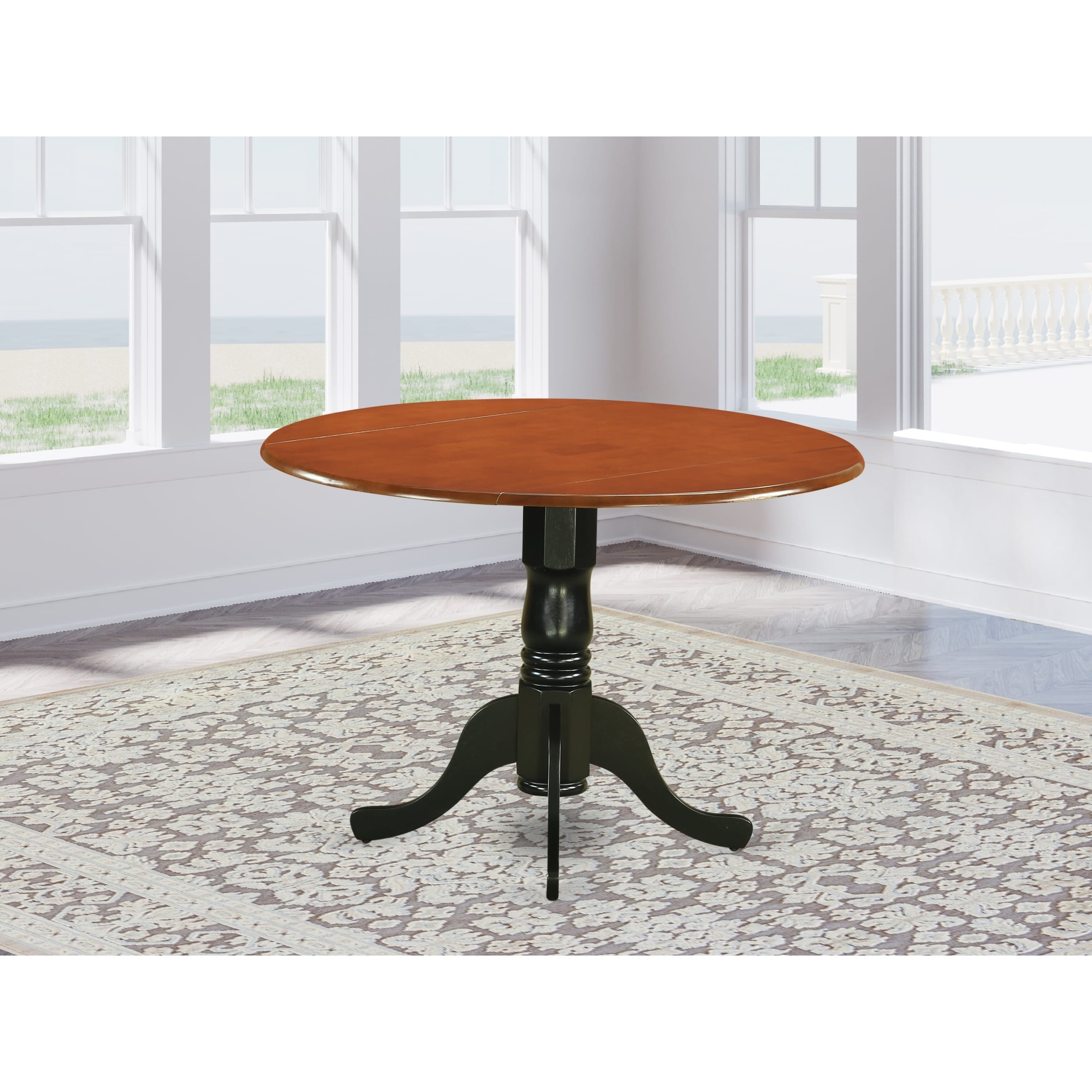 East West Furniture Round Kitchen Table with Drop Leaves - Linen White Table Top and Black Pedestal Leg Finish