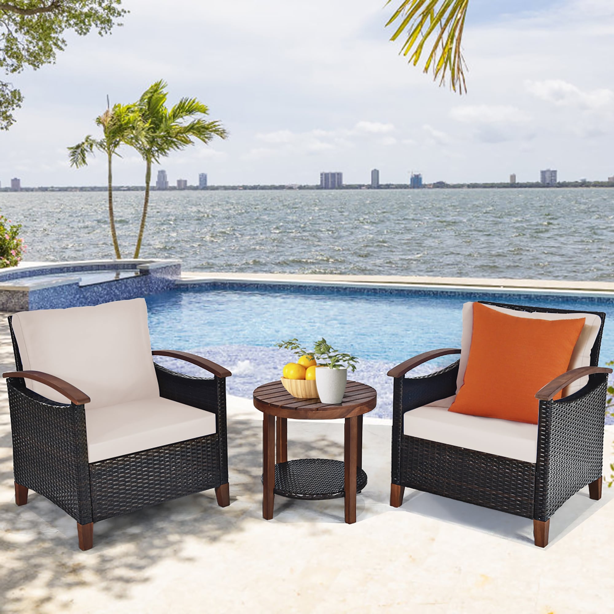 Costway 3PCS Patio Rattan Furniture Set Wooden Frame Cushion Table