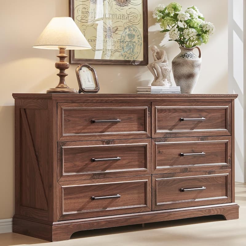 Farmhouse 6 Drawer Dresser for Bedroom, Chest of Drawers, TV Stand - Brown