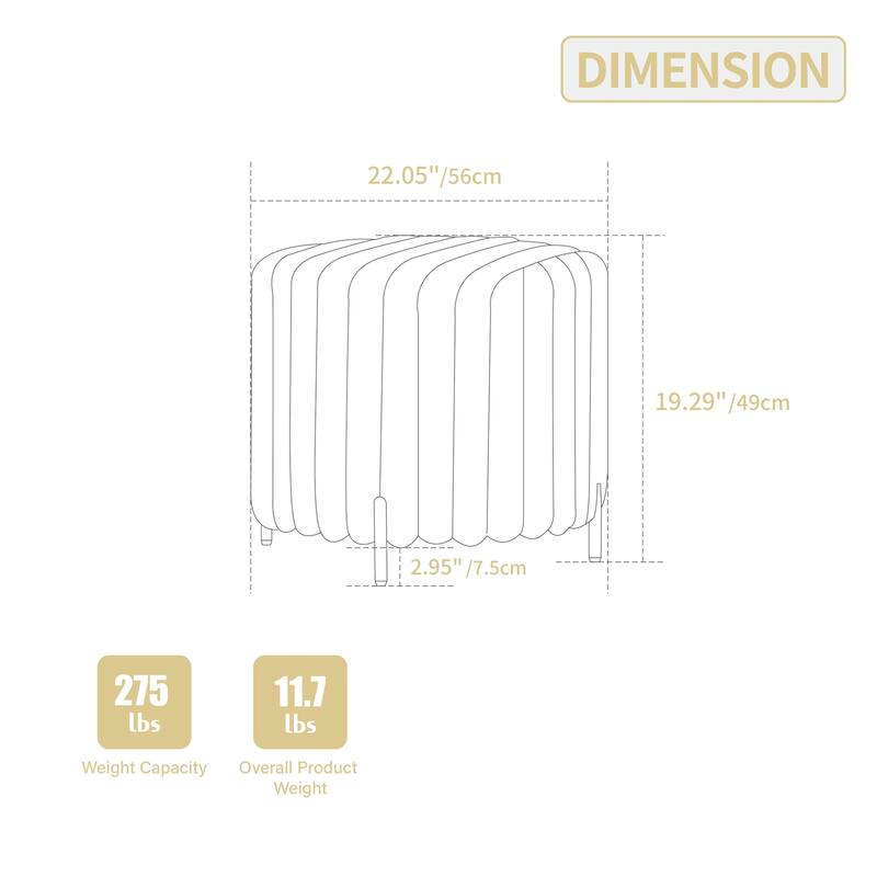22.05" Upholstered Round Ottoman with Metal Legs for Bedroom