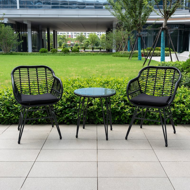 3 Piece Outdoor Wicker Furniture Patio Bistro Set With Cushions for Porch Poolside Garden - 21.2"L x 23.6"W x 31.5"H