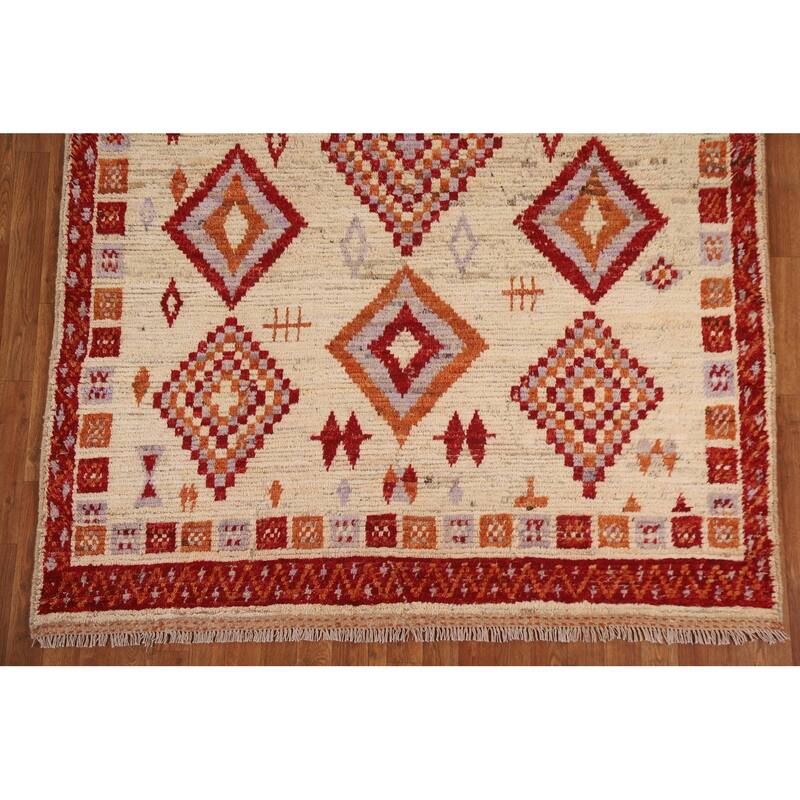 Hand Knotted Oriental 100% Wool Carpet Modern Tribal Beige & Ivories Moroccan Area Rug - 7' 10'' X 5' 9''