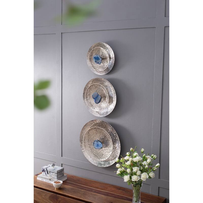 Set of 3, Modern Wall Decor Silver Textured Oversized Disc with Blue Agate, for Living Room Bedrrom Entryway Office