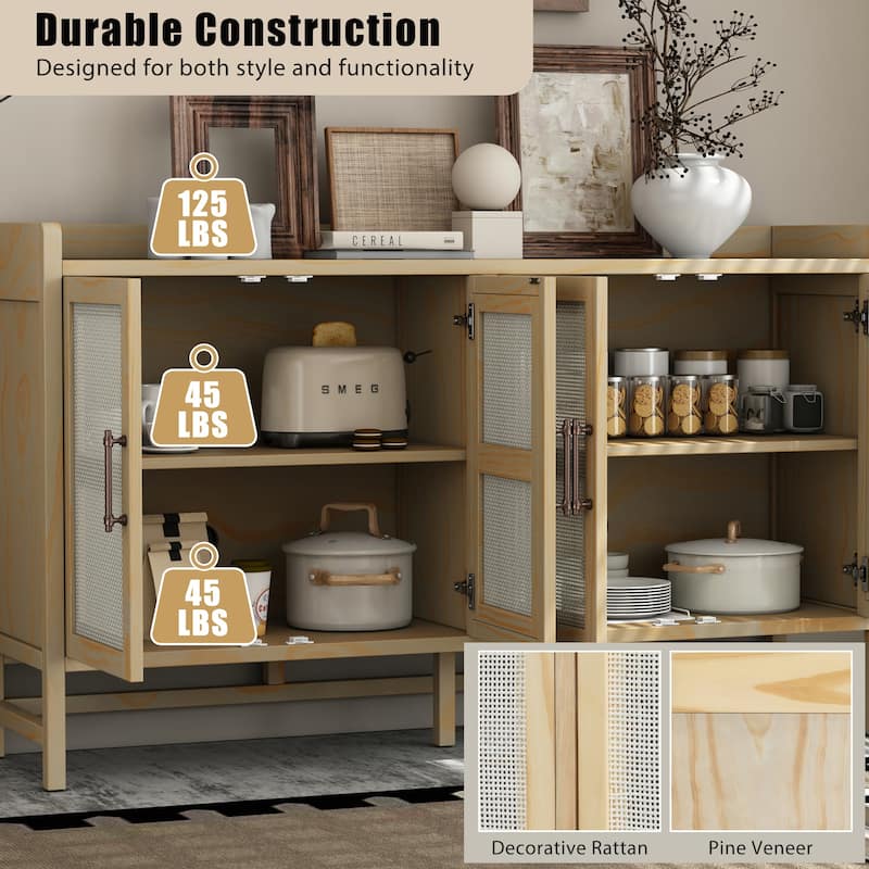 Rustic Decorative Rattan Doors Sideboard with Adjustable Shelves for Entryway