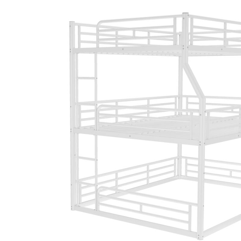 Full XL over Queen over Queen Bunk Bed, Metal Triple Bunk Bed with Safety Guardrails, Bunk Bed with Noise-reduced Design