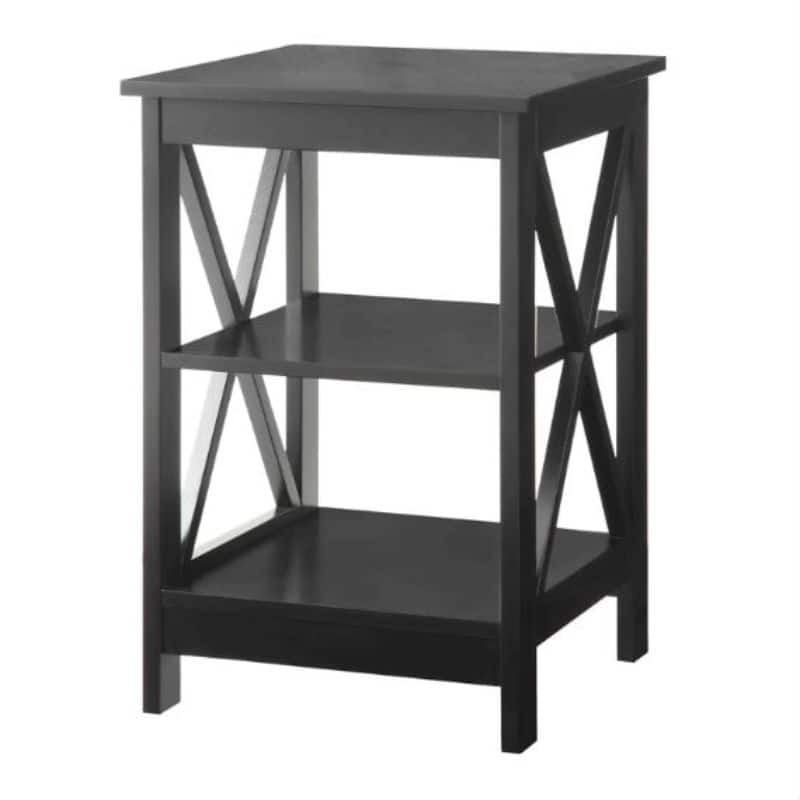 Black Wooden X-Design End Table Nightstand with 3 Open Storage Shelves for Books, Lamps or Decorative Items
