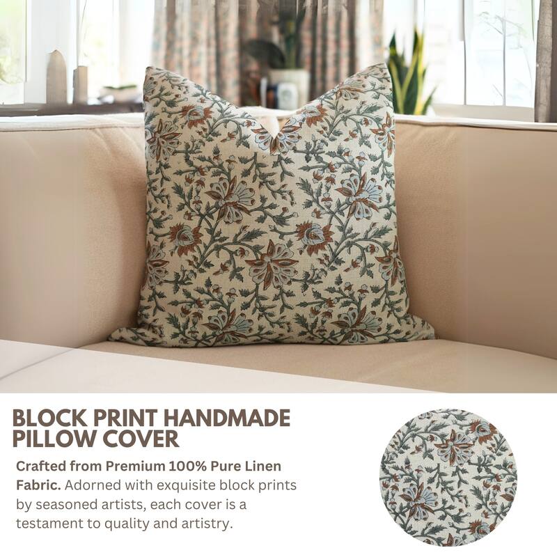 Fabdivine Block Print 12x20 Inch Pillow Cover Pure Linen Floral Farmhouse Decor Accent for Brown Soft, Cushion Case, Kanak Buti