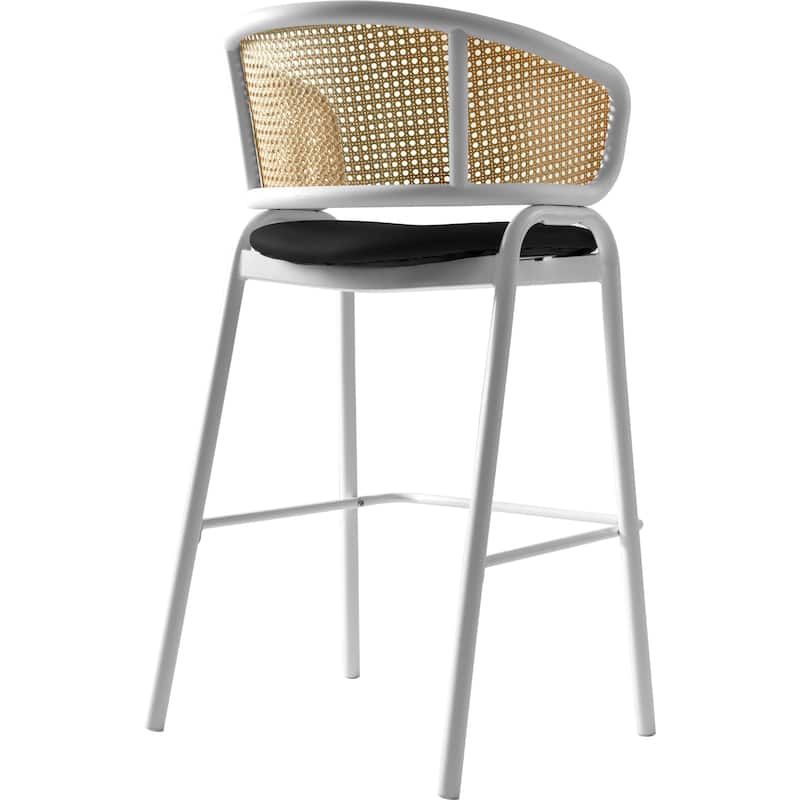 LeisureMod Ervilla Modern Wicker Leather Bar Stool with Curved Back & White Stainless Steel Frame for Home & Kitchen