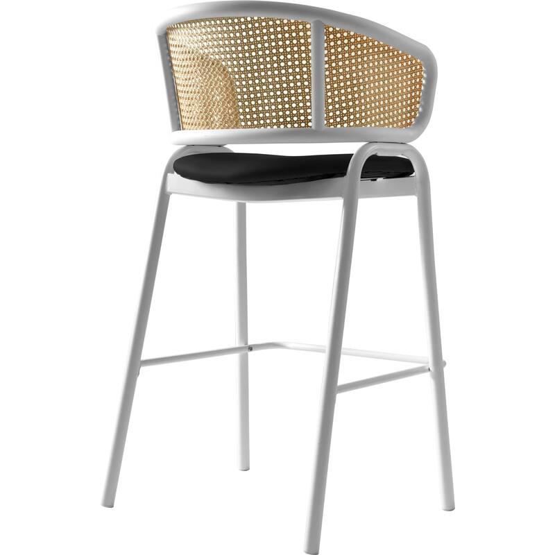 LeisureMod Ervilla Set of 2 Modern Wicker Leather Bar Stool with Curved Back & White Steel Frame for Home Office Dining Room
