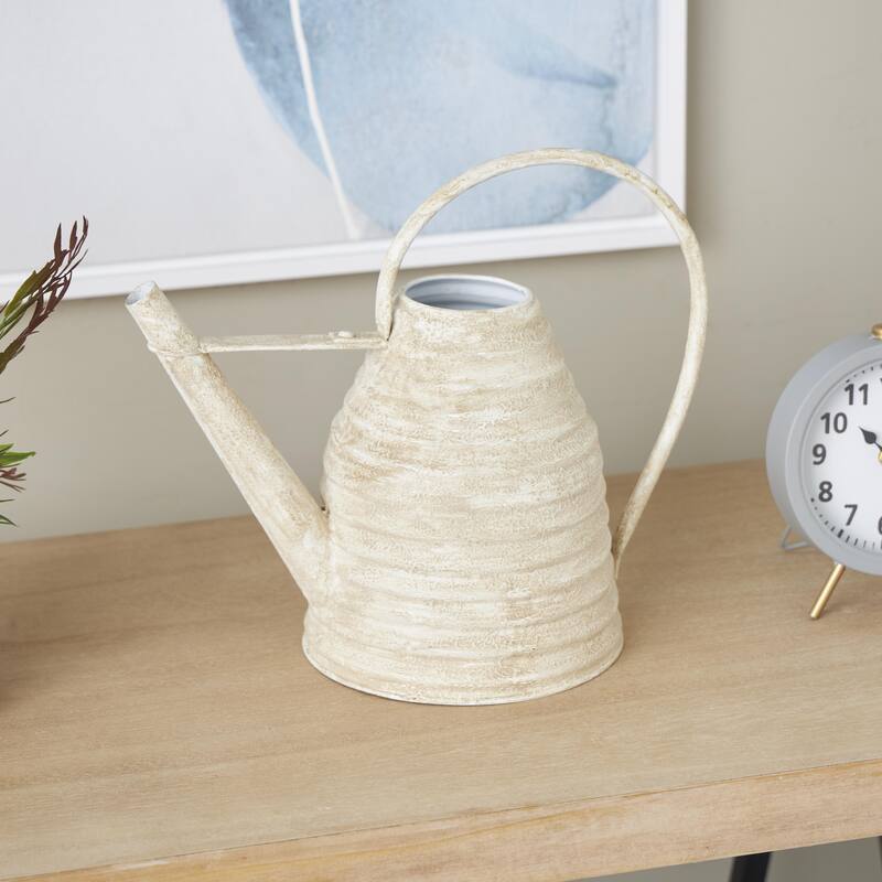 Metal Watering Can Beehive Shaped Watering Can Indoor Outdoor Planter with Large Loop Handle - Gray or Cream - Roche River Decor
