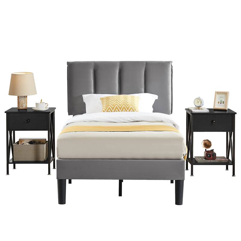 VECELO 3-Pieces Bedroom Sets Upholstered Bed Frame and Nightstands Set of 2 Dark Grey Platform Bed Frame