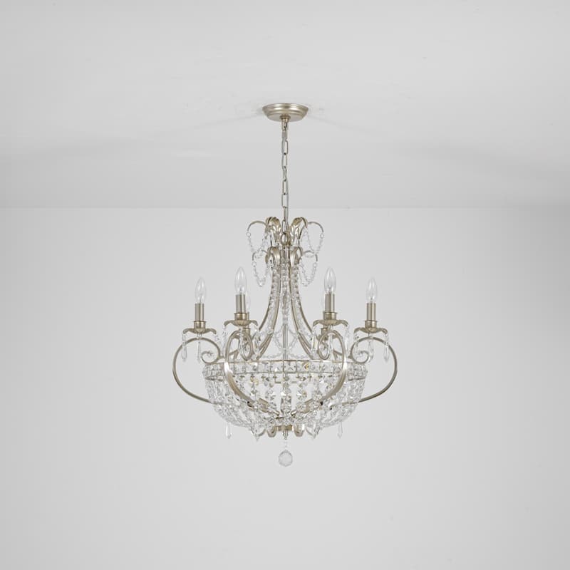 9-Light 24.4" W Crystal Chandelier in Antiqued Brushed Silver with Teardrop Pendants for Use in Living Room