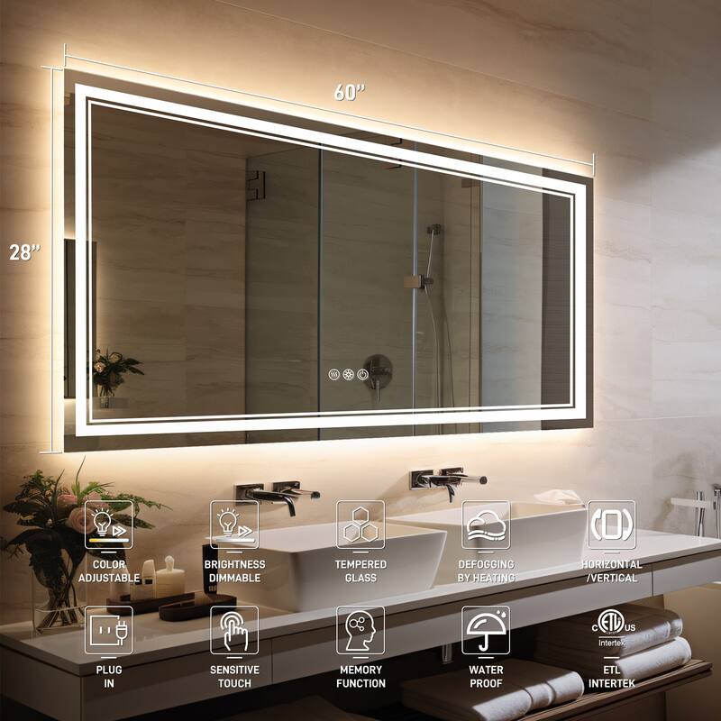 Durx-litecrete LED Wall Mirror Rectangular Frameless Dual Strips LED Bathroom Vanity Mirror