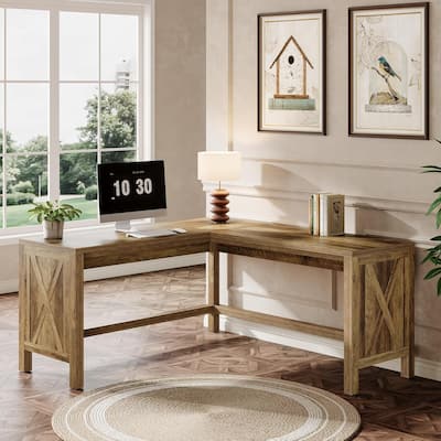 59 Inches L-Shaped Desk with Reinforced Panels for Home Office, Brown