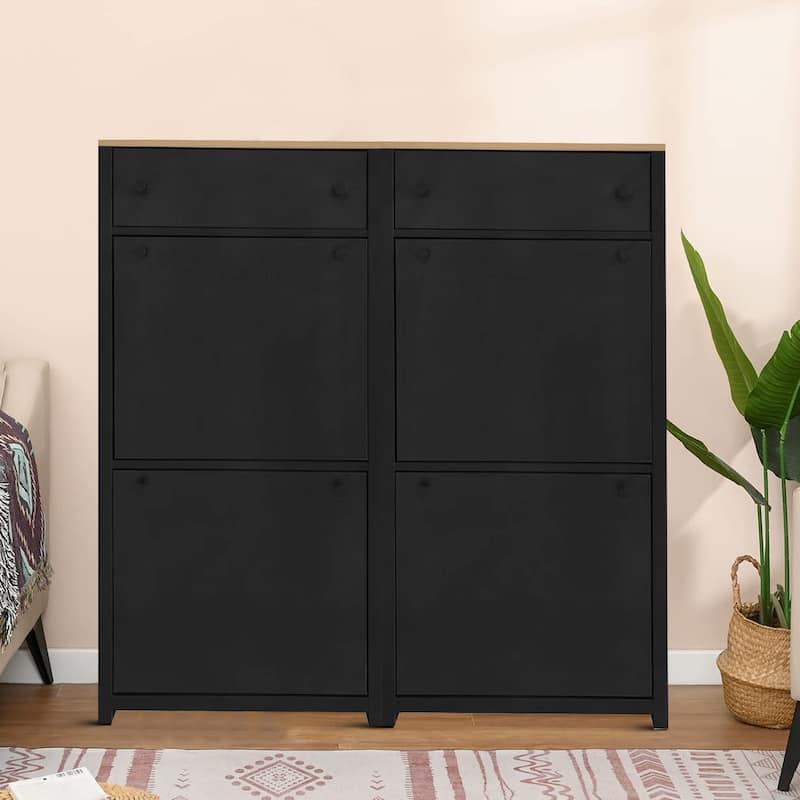 Modern Minimalist Set of Two Wooden Shoe Storage Cabinets - Black