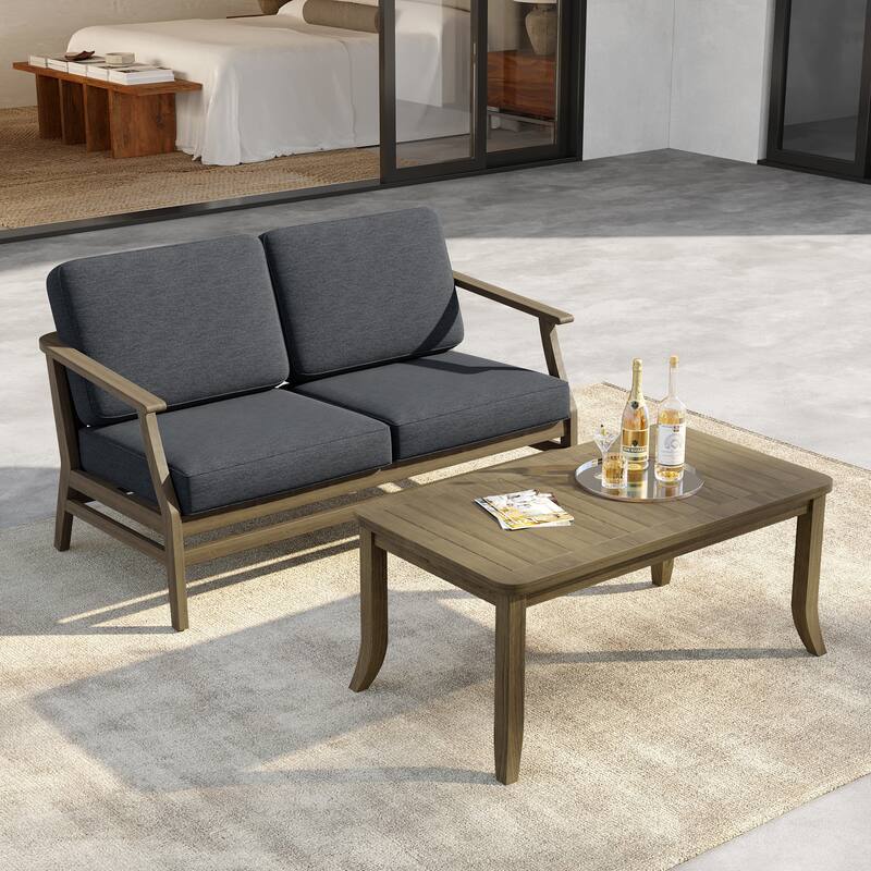 Outdoor Loveseat Sofa with Coffee Table Teak Wood Patio Furniture
