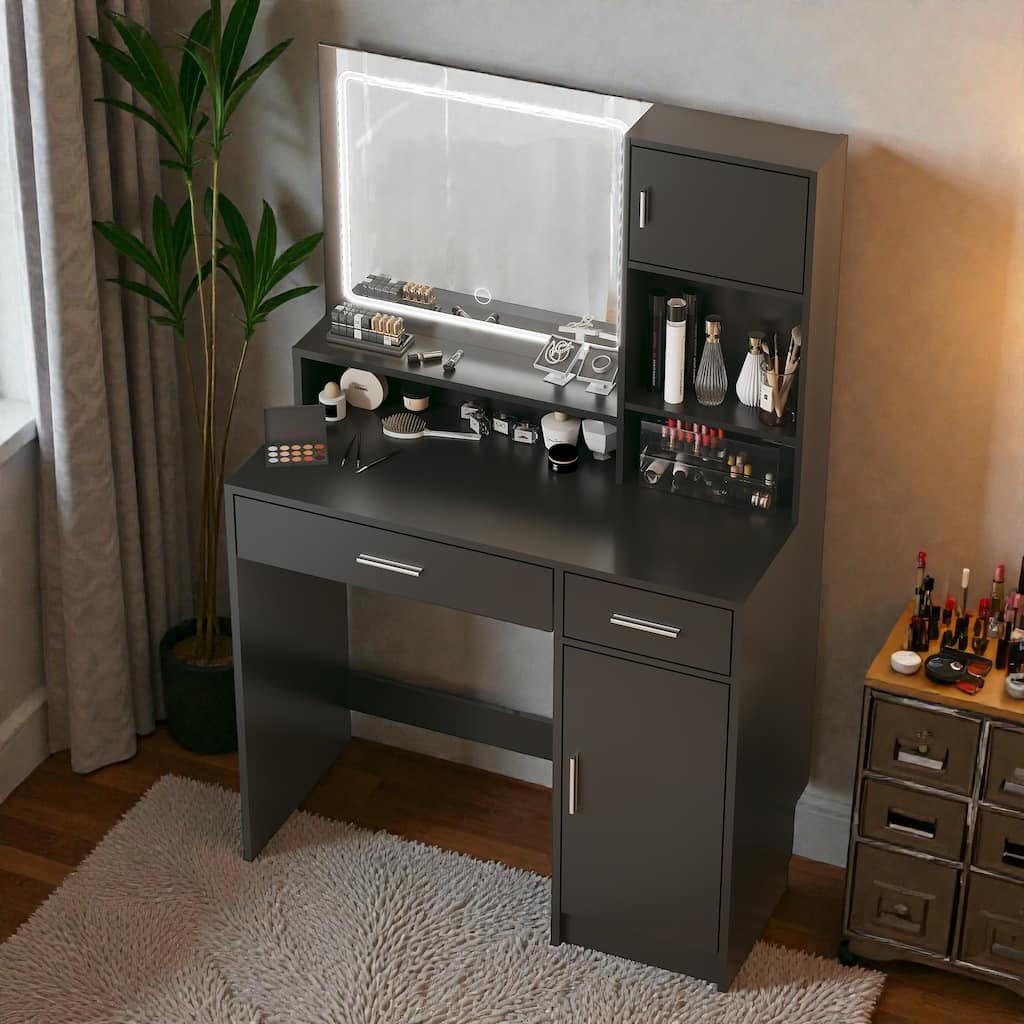 Modern Vanity Desk with LED Light Strip Mirror, Large Drawer & 3-Tier Storage, Adjustable Lighting Makeup Table
