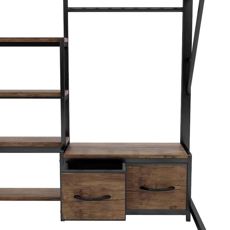 Queen Size Loft Bed with Desk and LED, Metal Loft Bed with Storage Shelves, Wardrobe and Storage Drawers for Boys Girls
