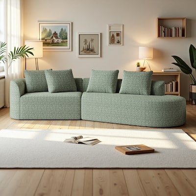 112" Chenille Curved Sectional Sofa with 4 Throw Pillows, Extra Deep Seating and No Assembly Required