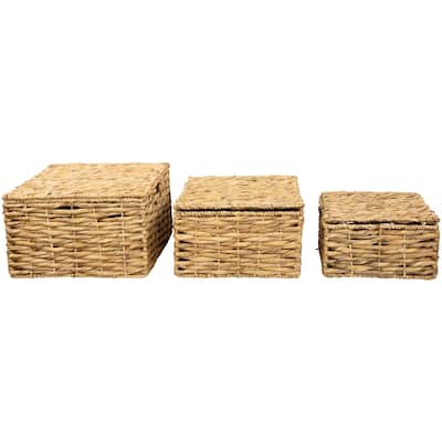 Set of 3 Camel Beige Woven Water Hyacinth Lidded Square Storage Baskets 15.5" - 15.5