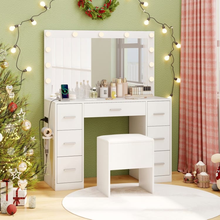 White Vanity Set with LED Lighted Mirror Charging Station, Storage and Modern Design - 43.5" x 16" x 53"