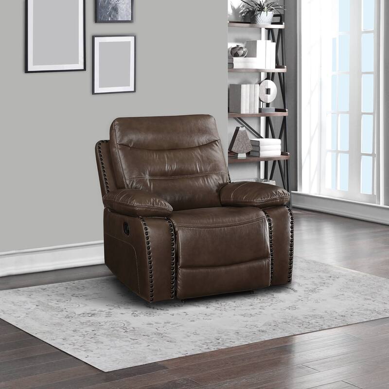 Leatherette Power Recliner with Nailhead Trim Accent, Brown