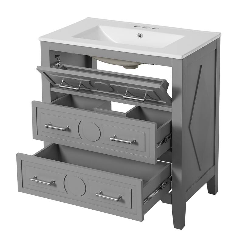 30'' Freestanding Bathroom Vanity Set‌ - Solid Wood Frame with Ceramic Sink & 3 Storage Drawers .