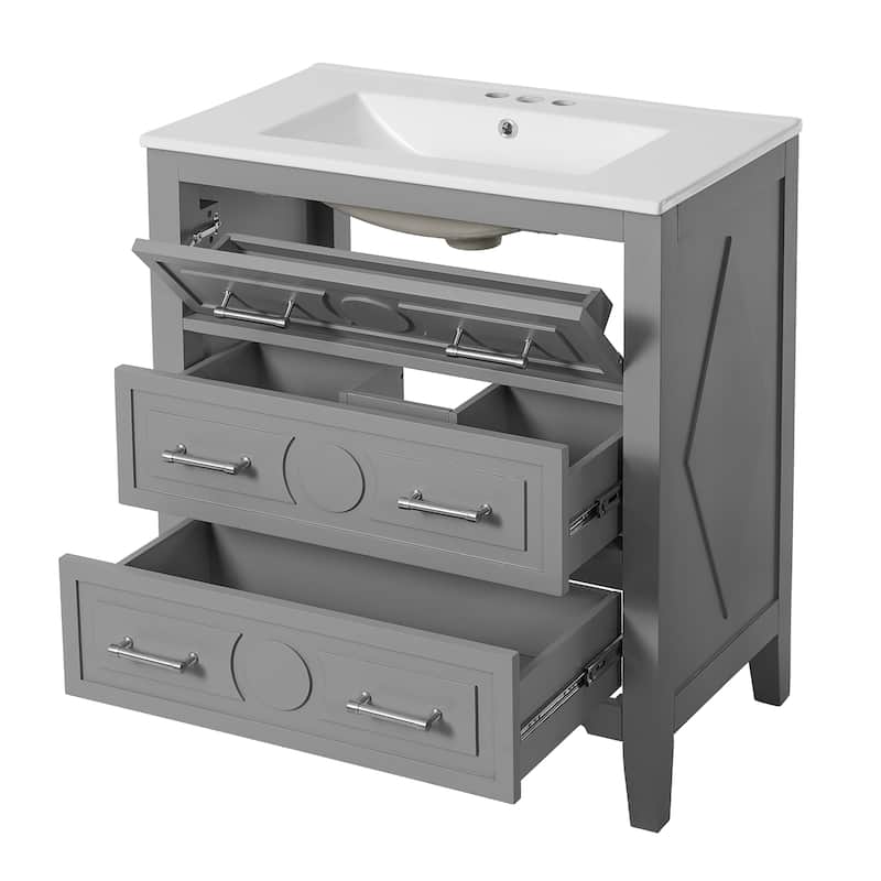 Roomfitters 30 Inch Bathroom Vanity with Ceramic Sink Combo, Freestanding Solid Wood Frame Storage Cabinet with 3 Drawers