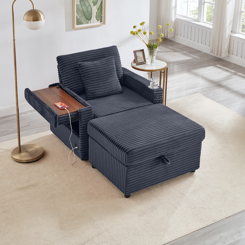 Fluffy Corduroy Lazy Sofa Chaise Lounge with Accent Chair, Storage Ottoman, Folding Table Board, Cup Holder and USB