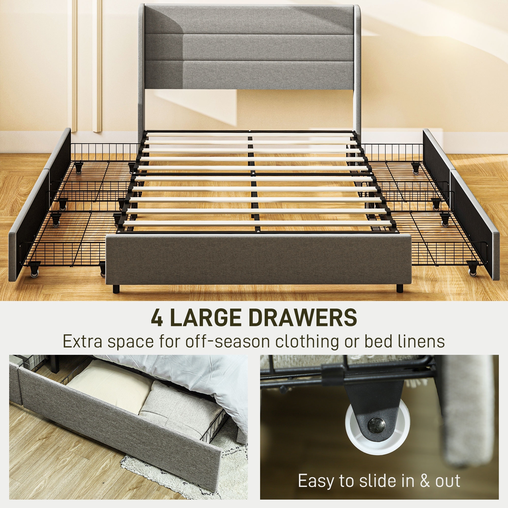 Bed Frame with Headboard, Upholstered Platform Bed Frame with Storage Drawers