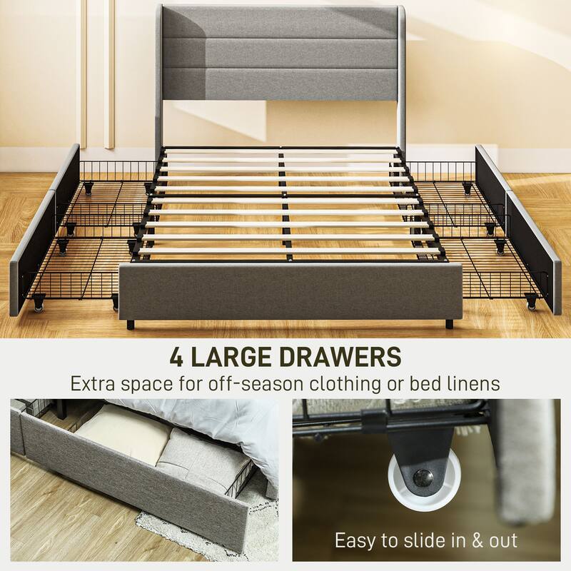 Full Size Storage Bed with 4 Drawer Design, 730lb Capacity, Linen Fabric Headboard