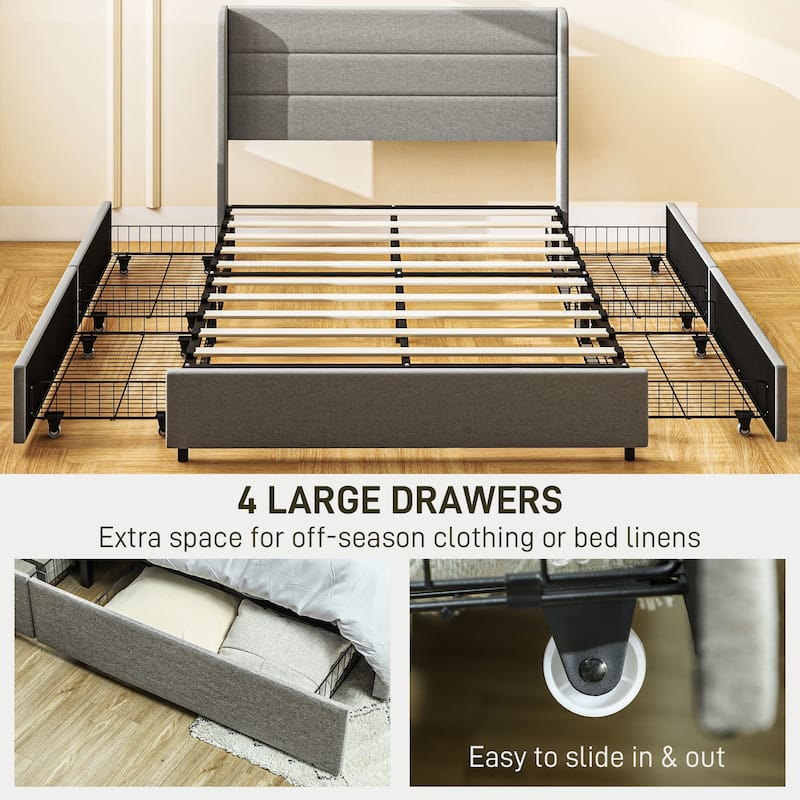 Light Grey Linen Fabric Upholstered Bed Frame with 4 Storage Drawers and Steel Frame