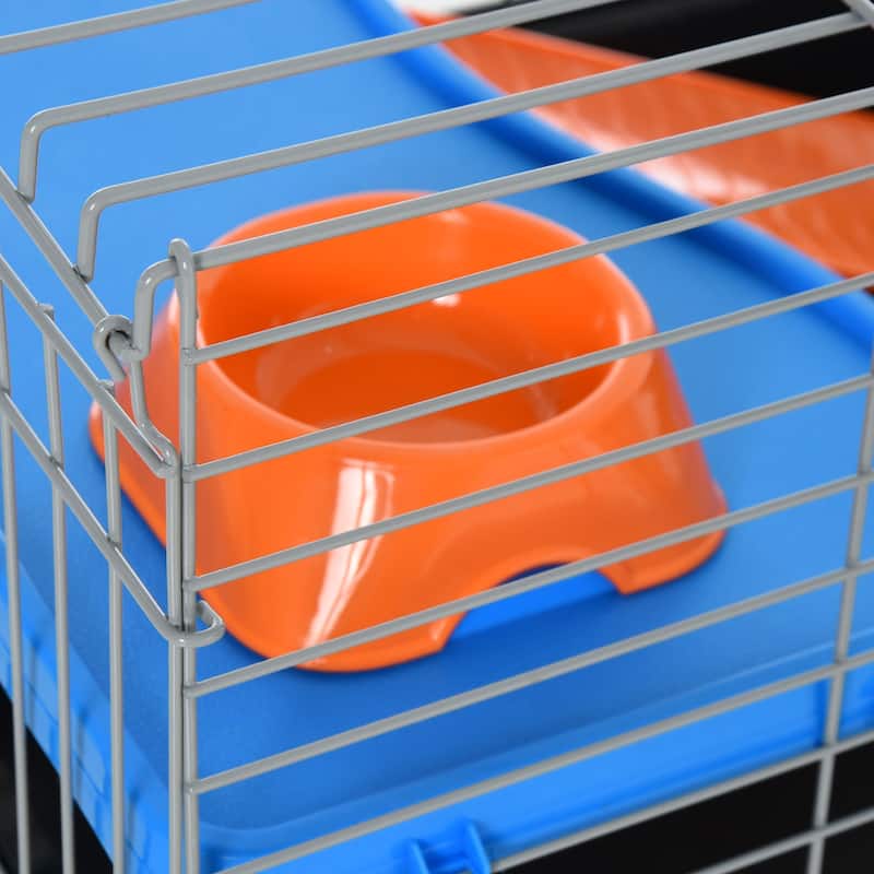 PawHut 35"L Small Animal Cage, Rolling Bunny Cage, Guinea Pig Cage with Food Dish, Water Bottle, Hay Feeder, Platform