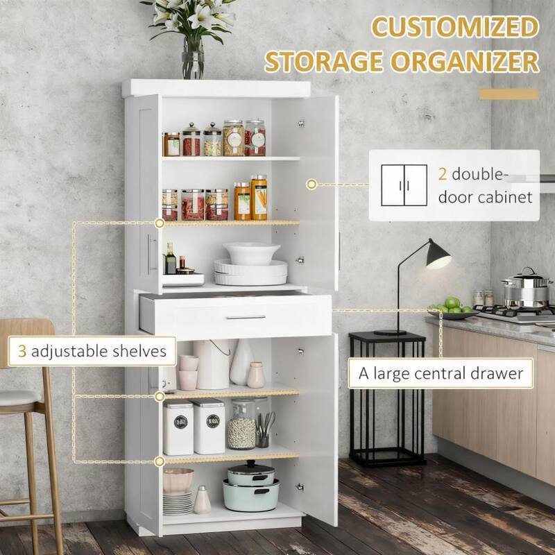 Kitchen Hutch Storage Cabinet, Modern White Pantry with 4 Doors and Drawers, Freestanding Cupboard Sideboard Buffet Cabinet