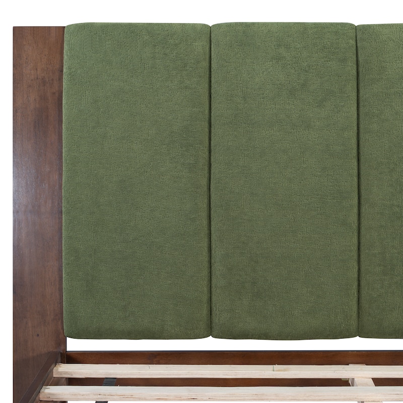 Pine Wood Bed Frame Mid Century Modern Platform Bed with Green Upholstered Headboard, Wood Slat Support Low Profile Wingback Bed