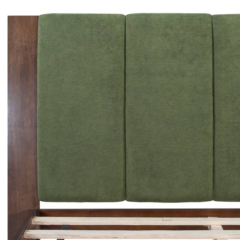 Solid Pine Wood Bed Frame, Mid Century Modern Platform Bed with Upholstered Headboard, No Box Spring Needed