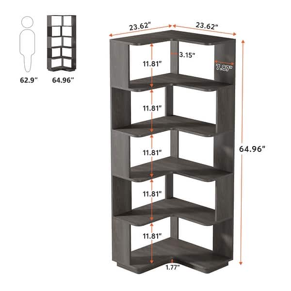 dimension image slide 0 of 6, 6-Tier Corner Bookshelf, 64.9 Inch Industrial Bookcase with Baffles