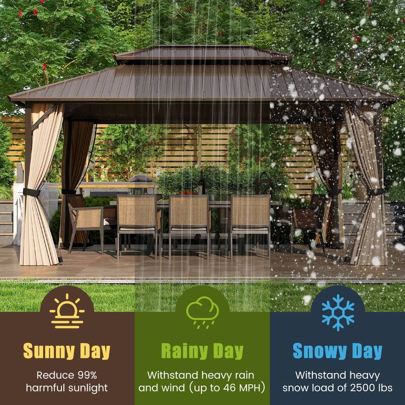 Costway 16 x 12 FT Hardtop Gazebo with Netting Heavy-Duty Double-Roof - Coffee - See Details