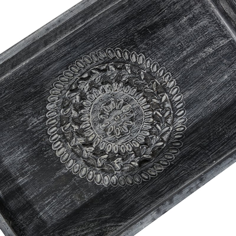 Black Wood Intricate Carved Floral Living Room Decor Tray (Set of 3) - 18 x 12 x 3