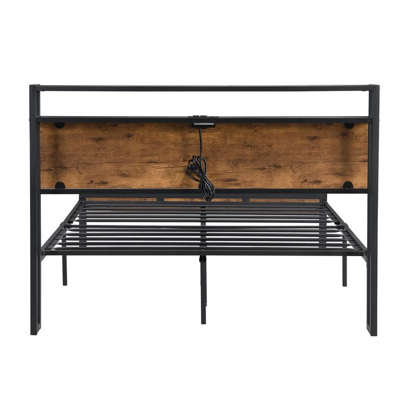 Metal Platform Bed Frame with Wooden Headboard and Footboard with USB LINER