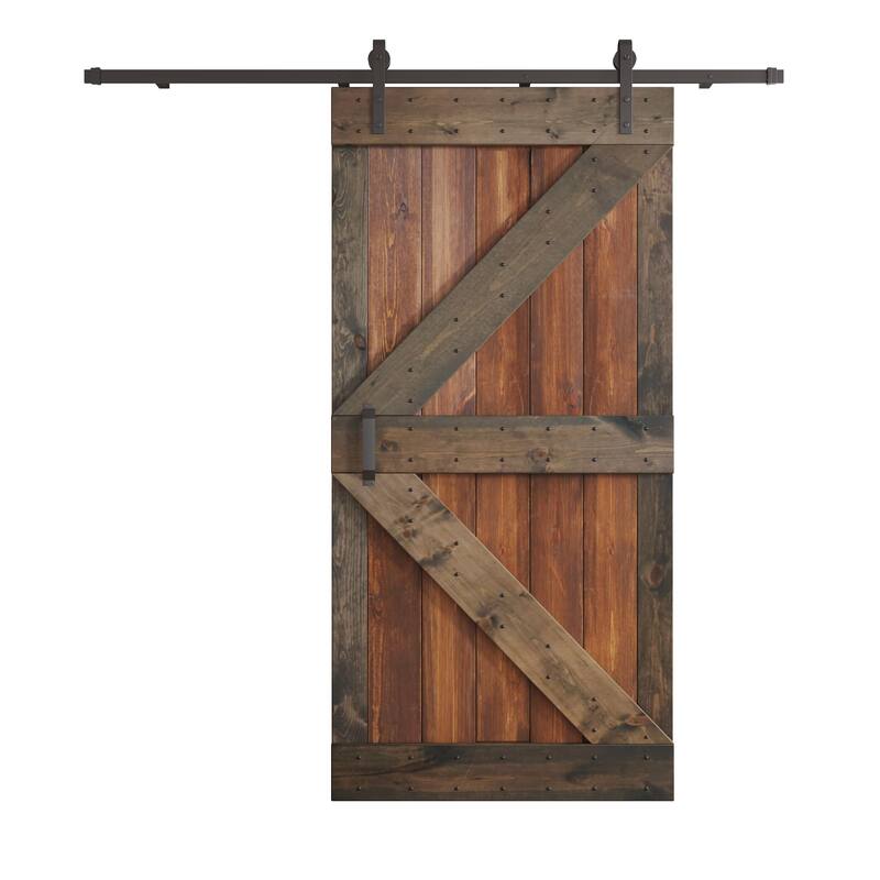 Coast Sequoia 42in x 84in K Series Multi-Color Pine Wood Sliding Barn Door With Hardware Kit - Dark Walnut / Aged Barrel