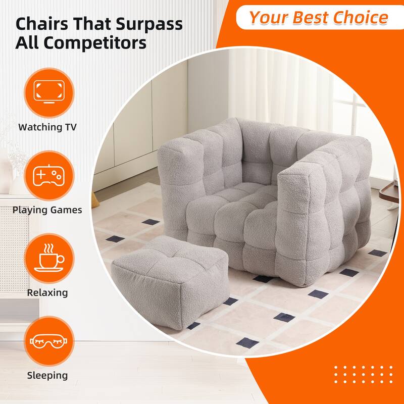 Boucle Upholstered Tufted Modern Non-installation Bean Bag Sofa Chair with Ottoman for Living Room